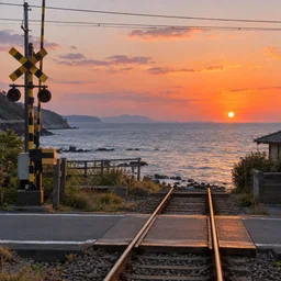 夕暮れの海沿いの線路